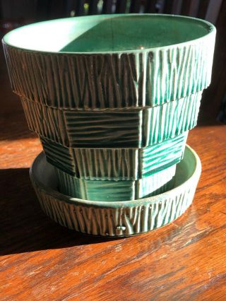 Vintage Mccoy Green Basketweave Flower Pot