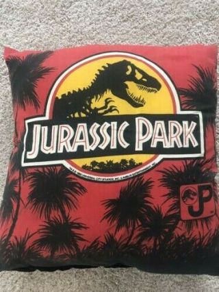 Vintage 1992 Jurassic Park Throw Pillow Universal Studios Red Logo Dinosaurs