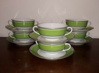 Ceralene Raynaud Limoges Directoire Green Soup Bowls 2 Handles & Saucer Set Of 6