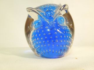 Large Crystal Glass Owl Paperweight Clear & Blue With Clear Controled Bubbles