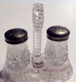 Salt & Pepper Shakers W/ Stand Eapg Antique Early American Pressed Glass 1890