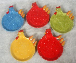 Set Of 5 Vietri Italy Galletto Rooster - Shaped Salad Plates Red Yellow Green Blue