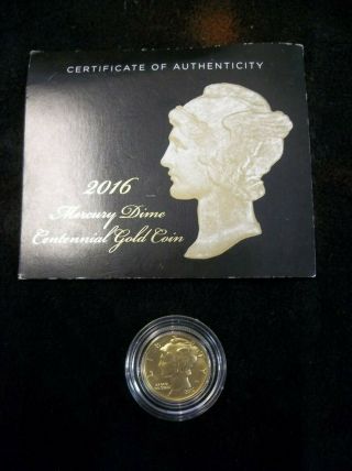 2016 W 1/10 Th Oz Gold Mercury Dime Centennial Commemorative Coin W/