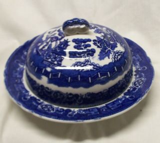 Antique Allertons England Blue Willow 3 Piece Covered Butter Dish