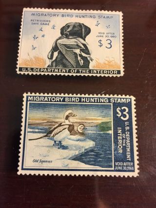 2 Federal Duck Stamps,  Les Kouba,  Old Squaws,  Maynard Reece,  King Buck,