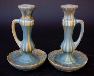 Vintage Pair (2) Arts & Crafts Thulin Belgium Studio Art Pottery Candlesticks