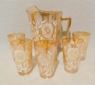 Vtg Jeannette Marigold Carnival Glass Pitcher & 5 Glasses White Flowers & Leaves