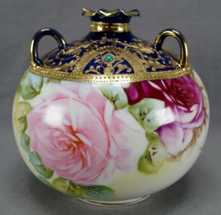 Nippon Hand Painted Large Pink Roses Cobalt Gold Moriage & Green Jeweled Vase