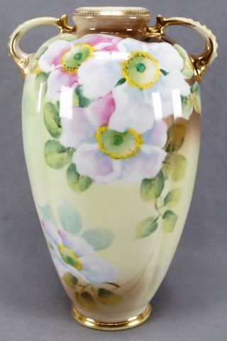 Nippon Morimura Hand Painted Large Pink Wild Roses 10 Inch Vase Circa 1911 - 21