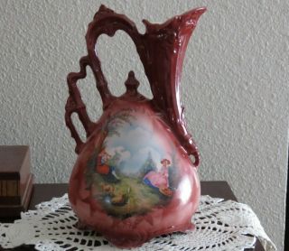 Czechoslovakian Porcelain Ewer Pitcher Vase Embossed Pastoral Landscape Scene