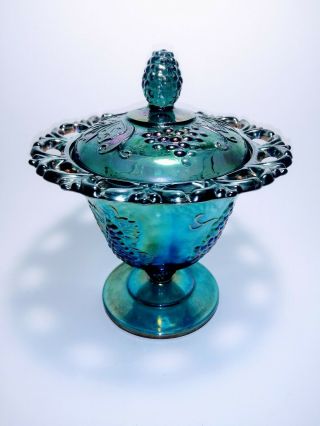 Indiana Blue Grape Harvest Carnival Glass Iridescent Lace Top Candy Dish W/lid