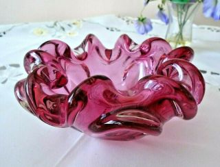 Vintage Murano Venetian Ruby Pink & Clear Cased Glass Bowl