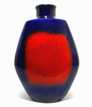Mid - 20th C West German Ultramarine Blue & Red Satin Glazed Bulbous Ceramic Vase