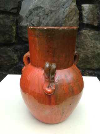 Vintage Chrome Red 8 1/2 " North Carolina Ar Cole Pottery 3 - Handled Vase 1930s