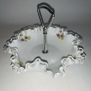 Fenton Milk Glass Silvercrest Ruffled Bowl Candy Dish Handle Violet Flowers