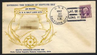 Uss Salt Lake City Ca - 25 1936 Cachet Naval Cover Entering Domain Of Neptune Rex