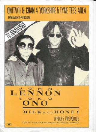 John Lennon & Yoko Ono : Milk And Honey Promo Sheet For Tv Adverts
