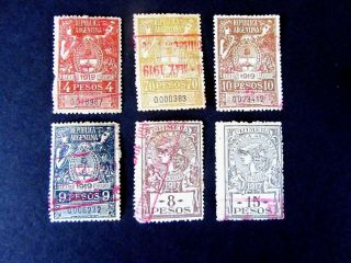 Argentina (6) Different Revenue Stamps,  Back Of The Book,  1917 & 1919,  Used/hr/f