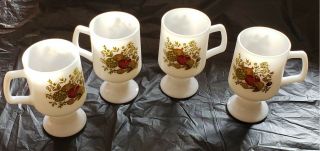 4 Vintage Pyrex Corning Spice Of Life White Milk Glass Footed Coffee Mugs
