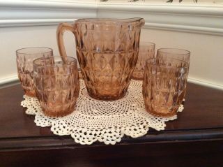 Pink Jeannette Glass Windsor Pattern Pitcher And 5 Glasses Tumblers