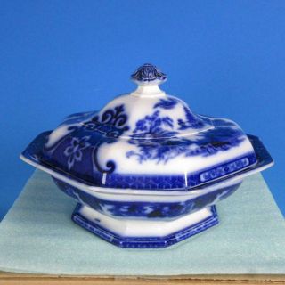 W.  Adams & Co.  Flow Blue - Tonquin Pattern - Covered Casserole Dish