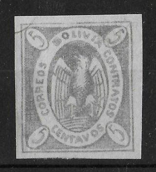 Bolivia 1867 - 1868 No Gum 5c Violet Grey Imperf Yvert 3