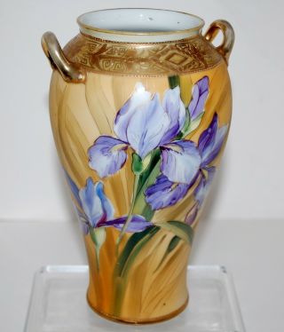 Fine Antique Nippon Hand Painted Handled Vase With Irises.  8 " Tall.