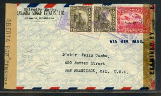 Nicaragua Postal History: Lot 70 1943 Double Censor Air Granada - California $$