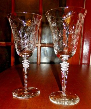Libbey Rock Sharpe Fernwood Pattern Set Of 2 Wine/water Cut Crystal Stems