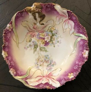 S&t/ Rs Germany Large Scalloped Fluted Bowl Pink White Flowers Antique Porcelain
