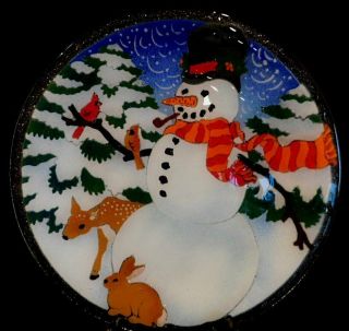 Large Peggy Karr Fused Glass 14 " Round Woodland Snowman Plate - Platter