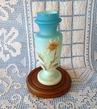 Mt Washington Or Manner White & Blue Cased Satin Glass Vase Coralene Flowers