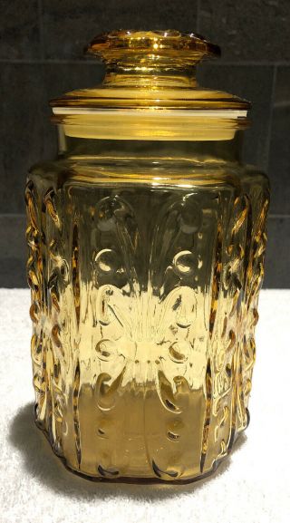 Vintage Yellow Amber Atterbury Scroll Imperial Glass Canister Jar With Lid 9 "