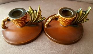 Vintage Roseville Pottery Pine Cone Candle Sticks 1123