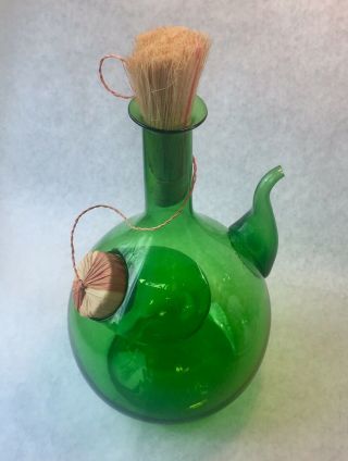 Vintage Hand Blown Green Italian Glass Wine Decanter W/ice Chamber & Stopper