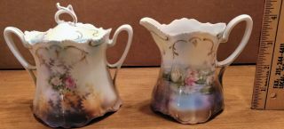 Antique Rs Prussia Creamer & Sugar W/lid - " Reflecting Water Lilies " - Gold Trim