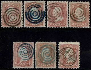 65 1861 3c Rose Regular Issue 7 - - All With Target Cancels