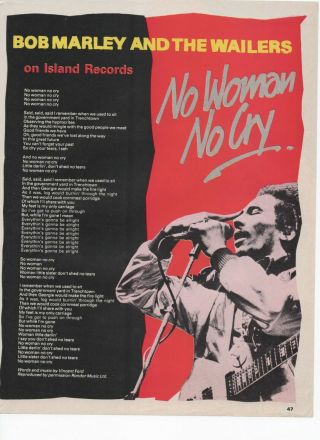 Bob Marley - No Woman No Cry Reggae Poster Advert 1980s