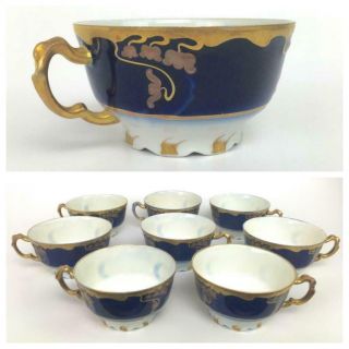 Antique Jean Pouyat Limoges Porcelain Cobalt Blue Gold Set Of 8 Coffee Teacups