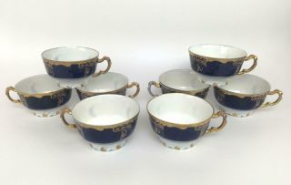 Antique JEAN POUYAT LIMOGES Porcelain Cobalt Blue Gold Set of 8 Coffee Teacups 3