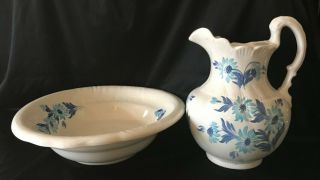 Cash Family Pottery Hand Painted Large Basin And Pitcher White Blue Flowers 1945
