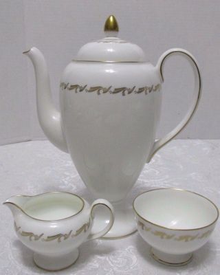 Wedgwood Golden Fleece Coffee Set Pot Cream Sugar White/gold Trim R4293 1960s
