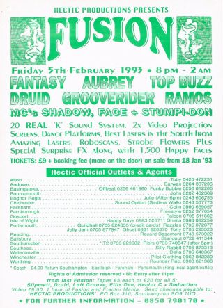 FUSION Rave Flyer Flyers 5/2/93 A4 Portsmouth Guildhall 2