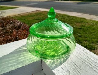 Vintage Green Vaseline Elegant Depression Glass Lidded Candy Dish Swirl Pattern