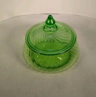 Vintage Green Vaseline Elegant Depression Glass Lidded Candy Dish Swirl pattern 3