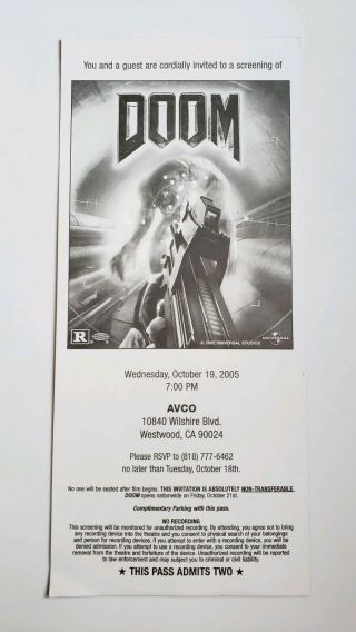 2005 Doom Movie Promo Premiere Ticket - The Rock Dwayne Johnson Karl Urban Game