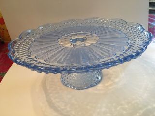 Hocking Glass ? Blue Mayfair ? Hobnail Footed Cake Plate Stand Exc Cond.