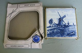 Vintage Delft Blue Dutch Holland Windmill Tile Trivet With Stand Hand Painted