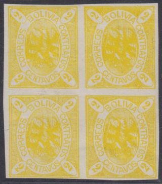 Bolivia 1867 - 68 Condor 2 Centavos Yellow,  Blocl Of Four Bogus & Mnh F,  Vf