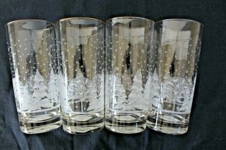 Set Of 4 Libbey Libby White Frosted Etched Christmas Holiday High Ball Glasses